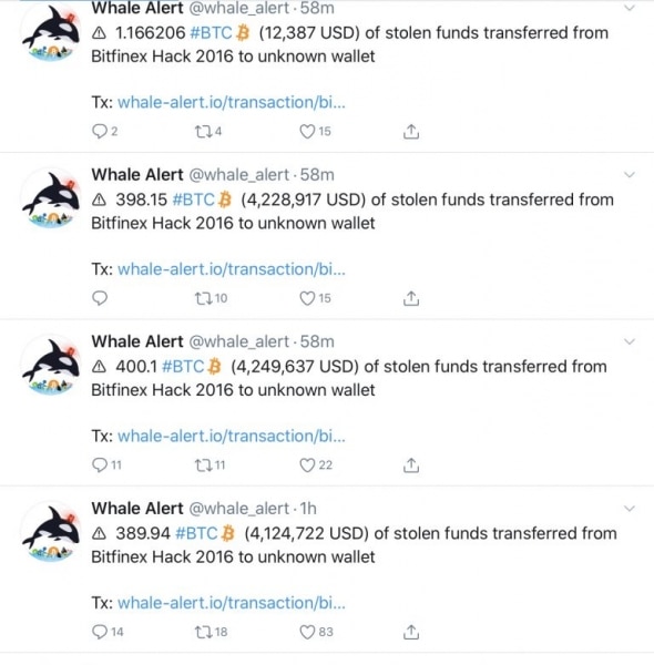 Whale Alert зафиксировал движение 1190 украденных с Bitfinex биткоинов 