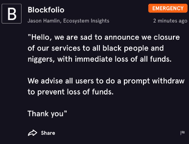 Пользователи Blockfolio получили расистские сообщения 